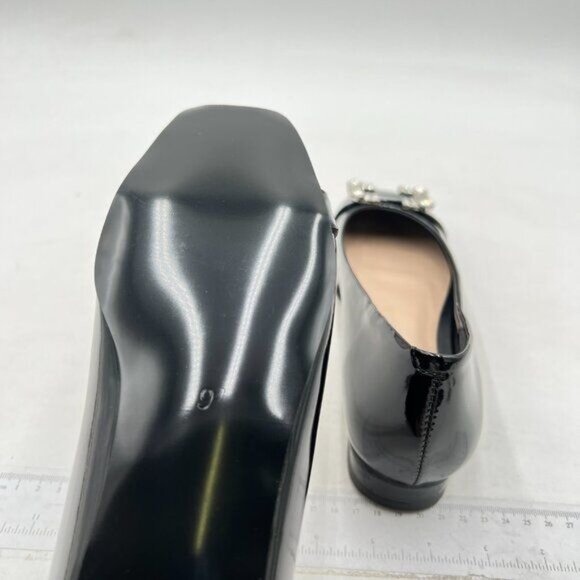 FYS flats square toe Rhinestone Crystal Low Chunky Heel Shoes Black - Picture 5 of 7